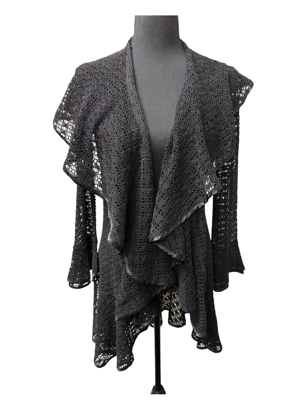 Caleaas Black Lace Cardigan Drape Open Front Sheer Crochet Boho Size S Top